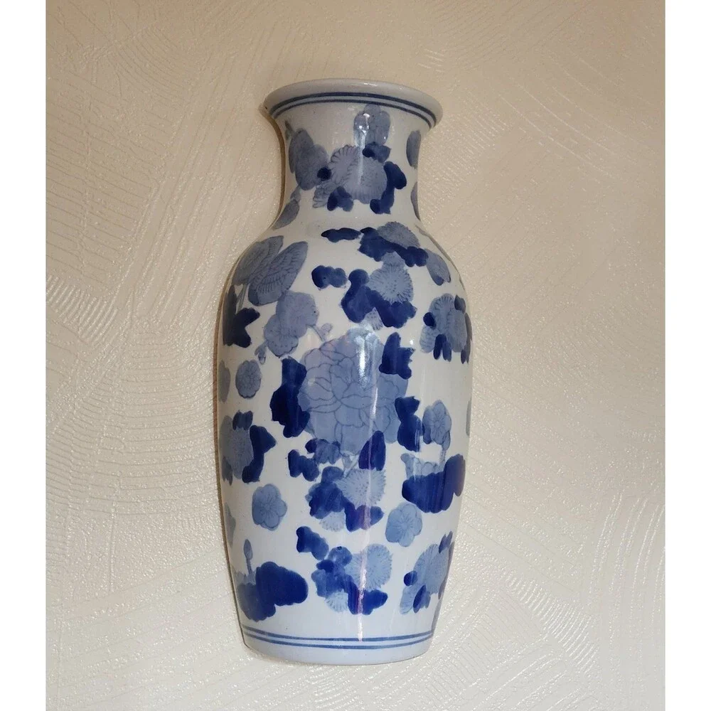 Vintage Ceramic Blue and White Floral Flat Wall Vase